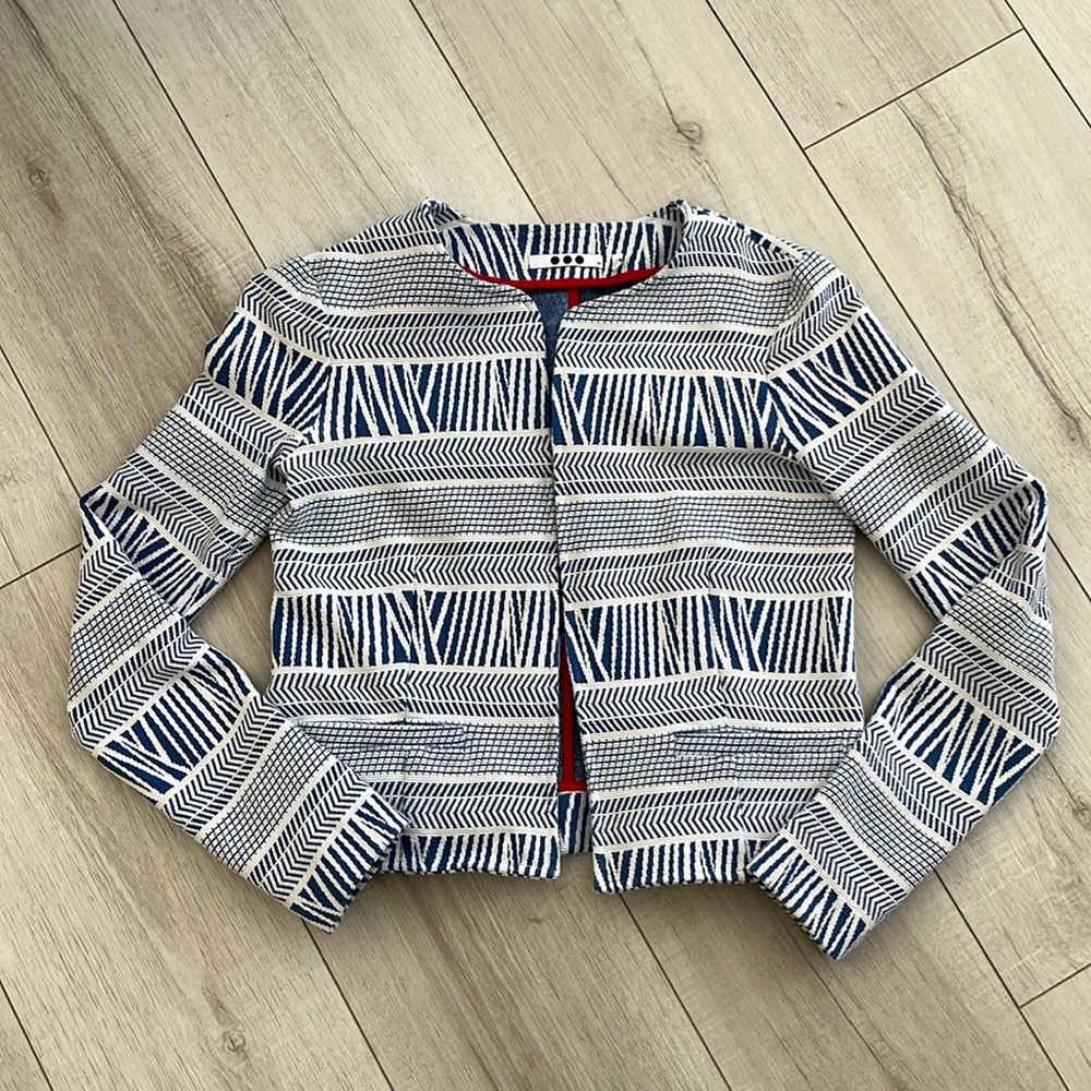 Three Dots Shailene Blue Embroidered Aztec Open Front  Blazer Sz XS